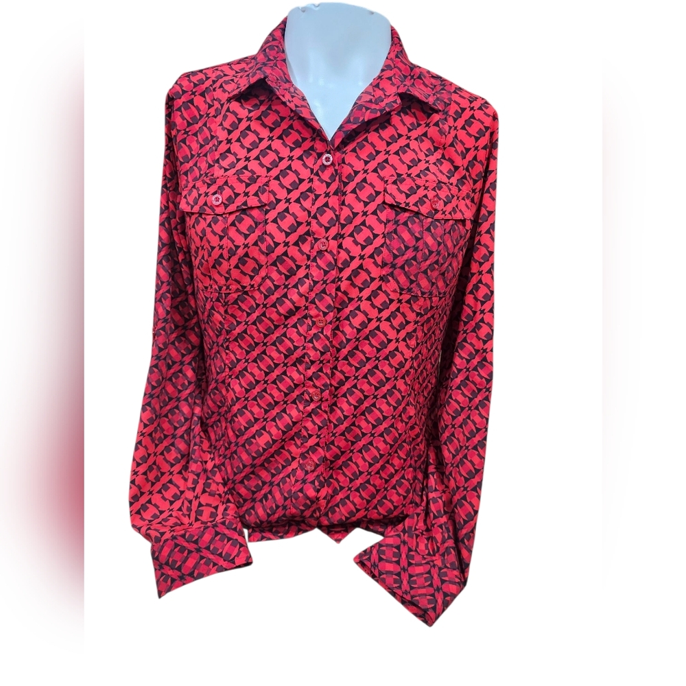 Dana Buchman Red and Black‎ Geometric Blouse Size Large
